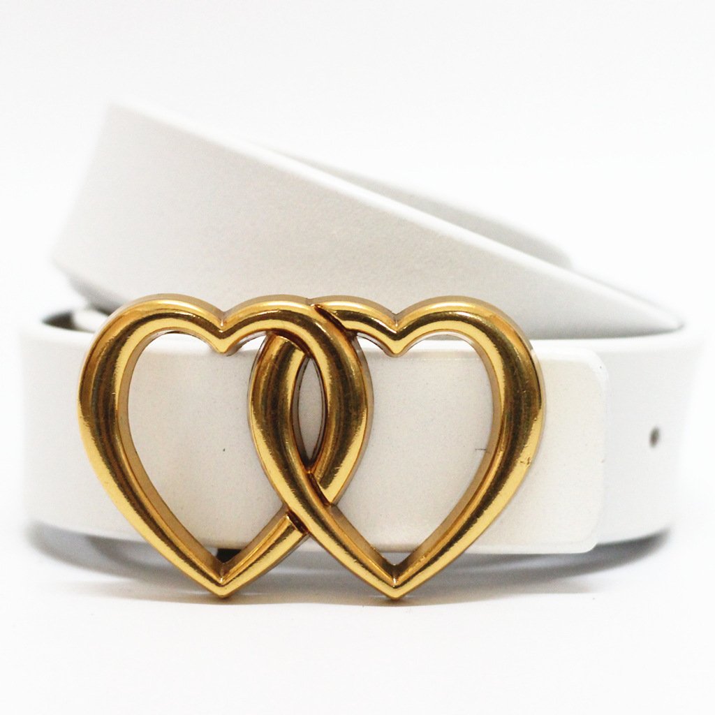 RW 2024 Fashion Unisex Bronze Double Heart Buckle Genuine Leather Belt Men Women Real Cow Leather Waist Belts