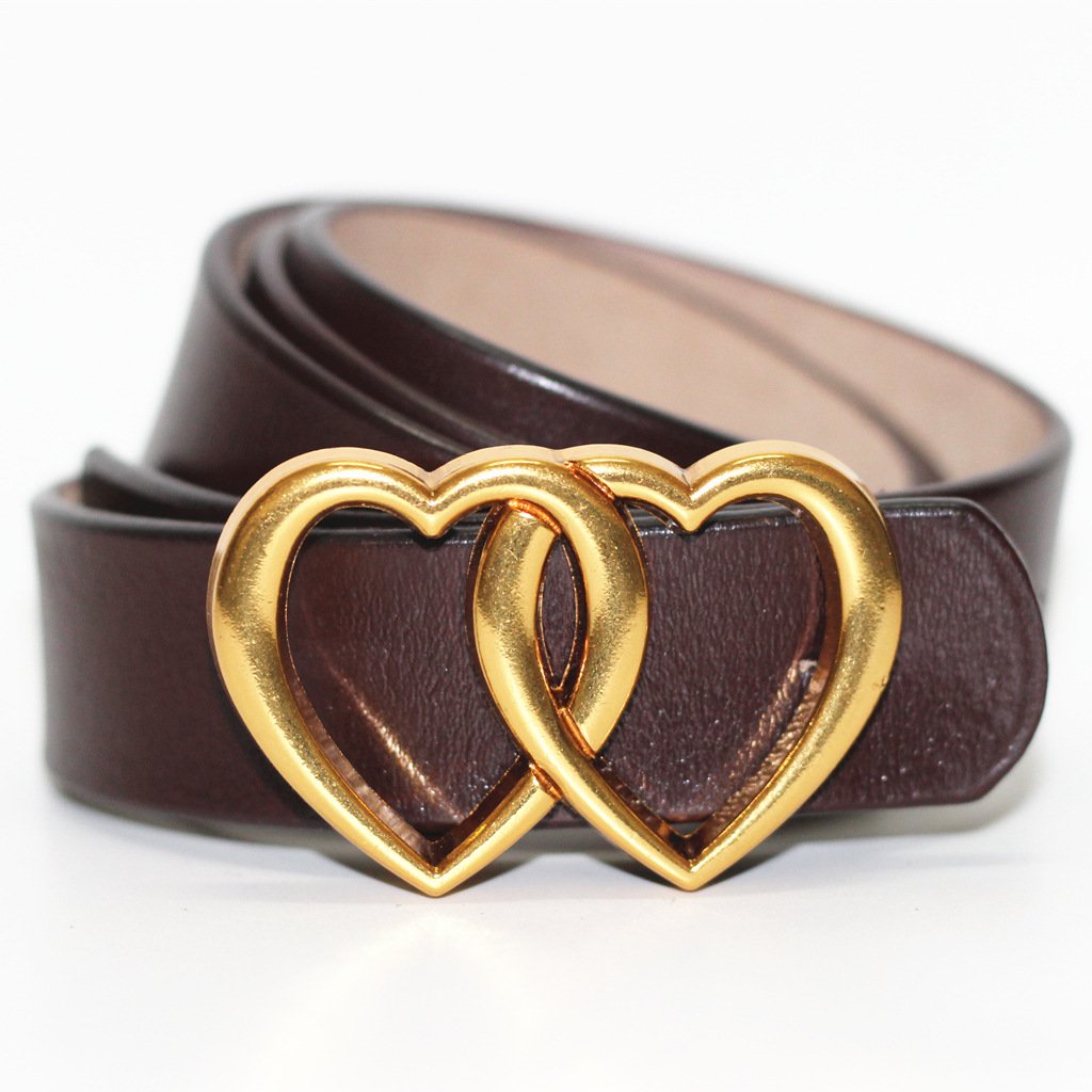 RW 2024 Fashion Unisex Bronze Double Heart Buckle Genuine Leather Belt Men Women Real Cow Leather Waist Belts