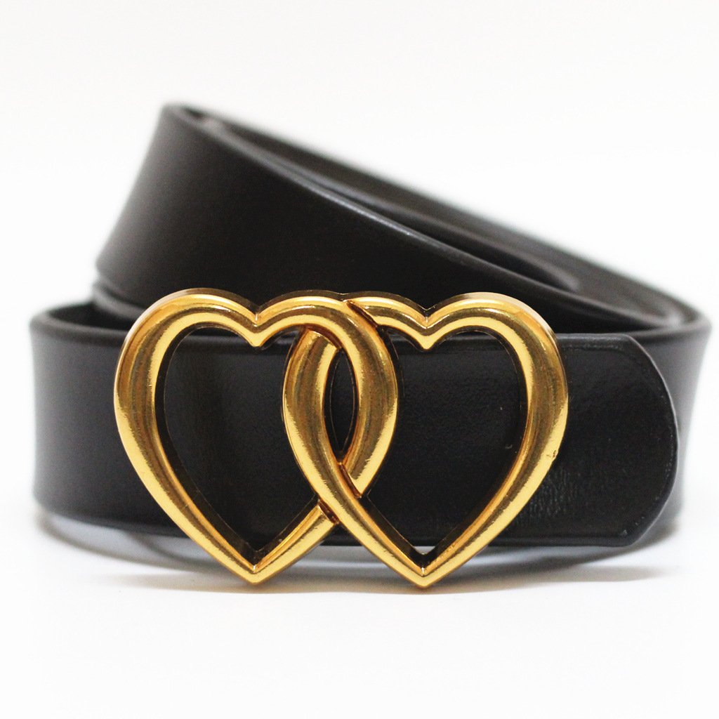 RW 2024 Fashion Unisex Bronze Double Heart Buckle Genuine Leather Belt Men Women Real Cow Leather Waist Belts