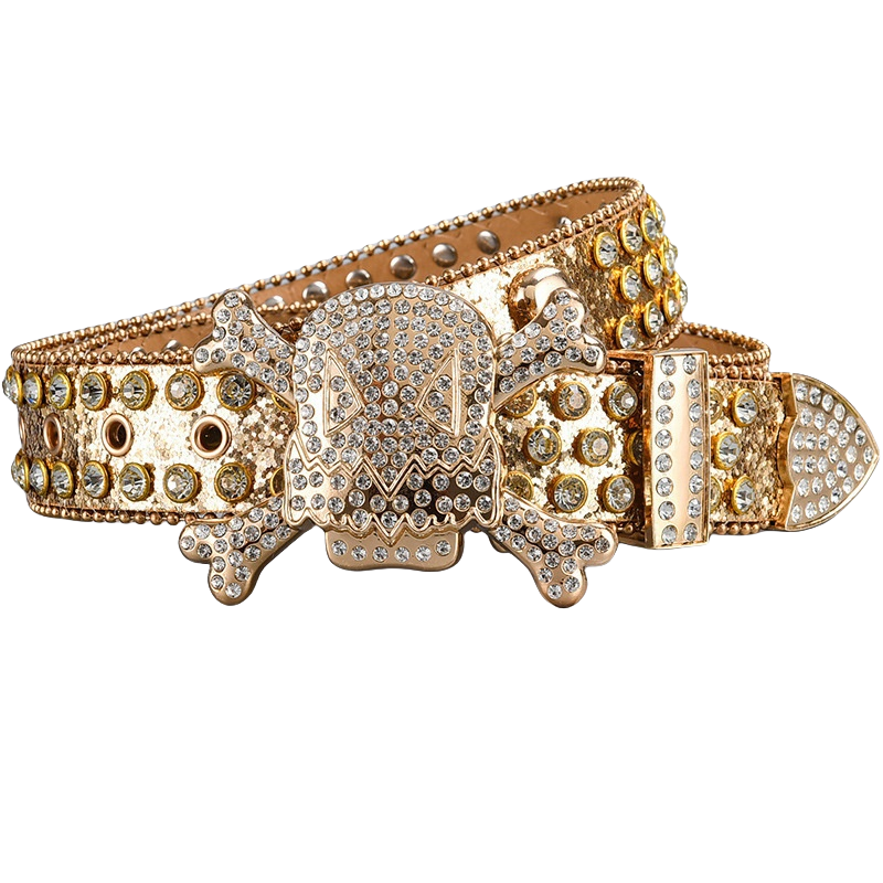 Factory Wholesale Womens Retro Bling Bling BB Belt Studded Diamond PU Leather Strap Skull Buckle Western Cowboy Rhinestone Belts