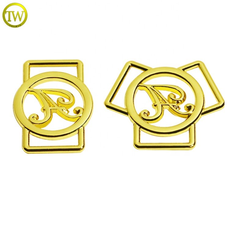 Custom designer gold logo swimwear charms zinc alloy hollow letter bra strap buckles for bikini