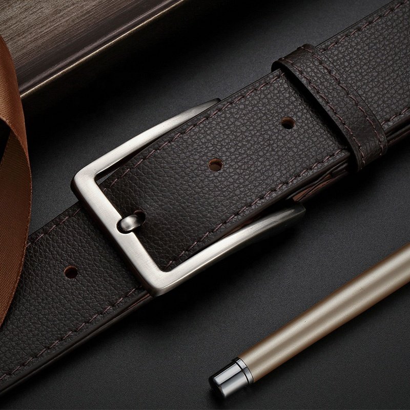 High Quality cheap Lychee stripe business genuine cow hide leather alloy pin buckle belt for men