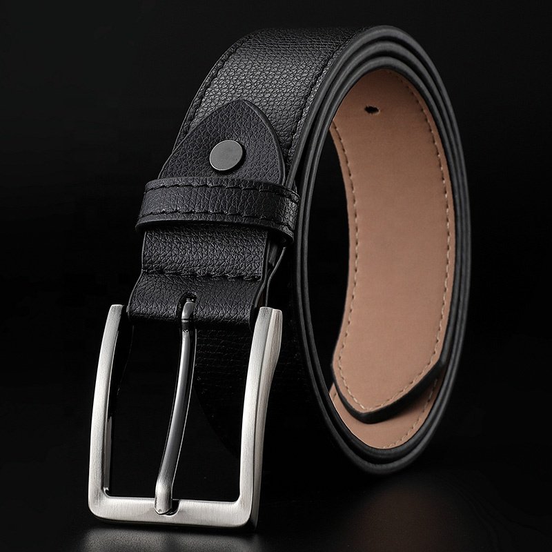 High Quality cheap Lychee stripe business genuine cow hide leather alloy pin buckle belt for men