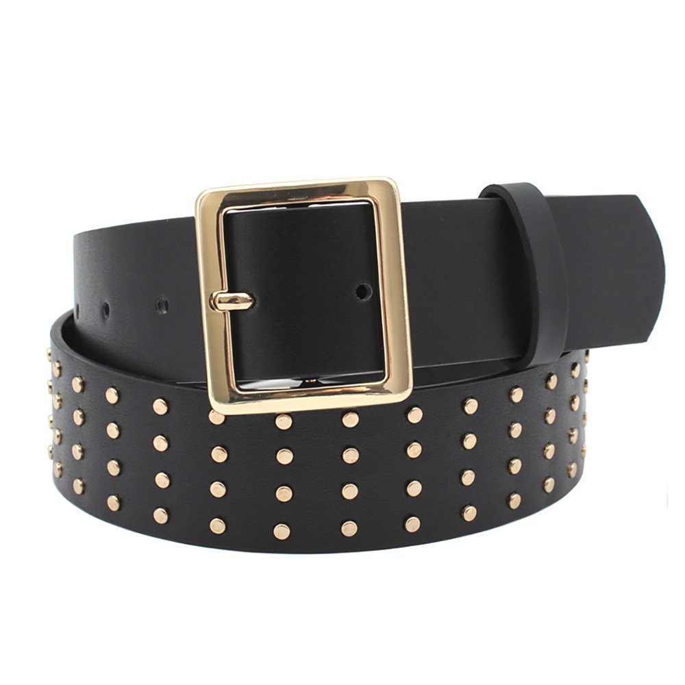 PU Leather belt with gold square Buckle studded belt woman
