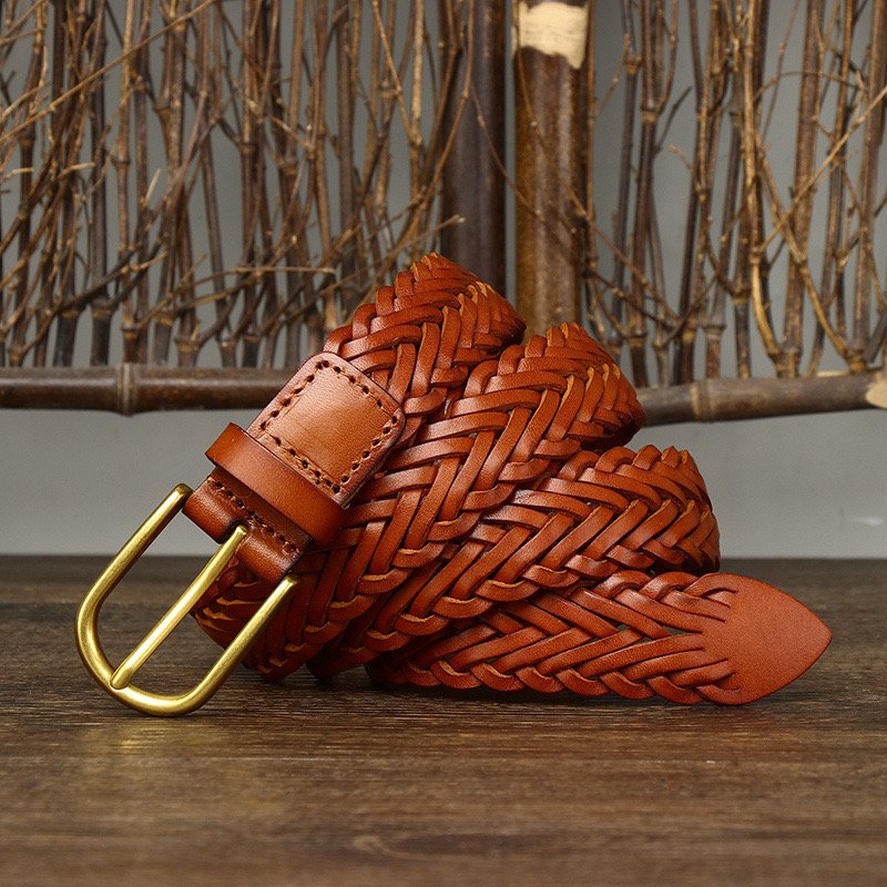 High quality customized leather woven classic copper buckle belt leather customized belt