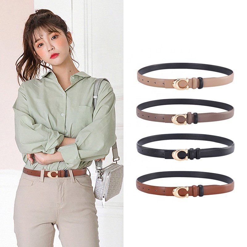Wholesale Custom Double-sided Gold Buckle Women's Waist Dress Suit Pants Cowhide Ladies Leather Belts