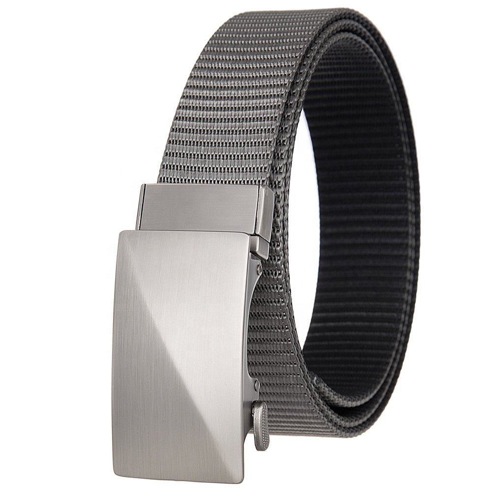 Custom LOGO Casual Fabric Zinc Alloy Buckle Woven 100% Polyester Webbing Mens Adjustable Reversible Automatic Buckle Nylon Belts