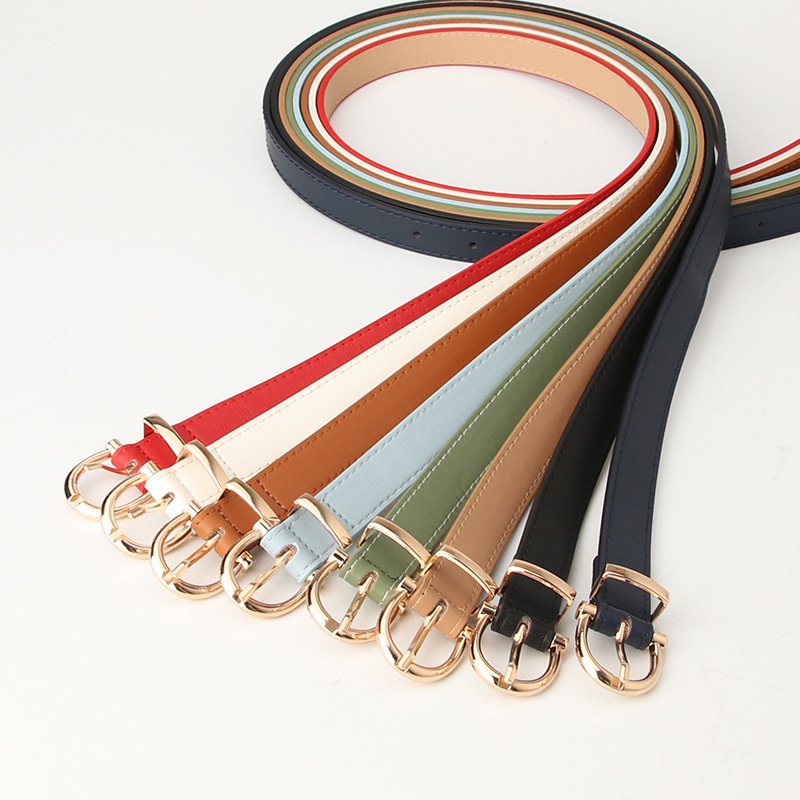 Yiwu Factory Wholesale Women's Leather Belt Solid Color Fashion Thin Waist Belt With Gold Buckle For Jeans Pants Width