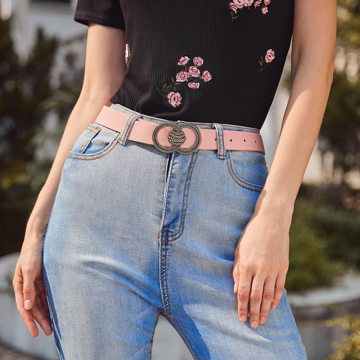 New Leisure Women Elastic Belt For Dress With Double Ring Gold Buckle