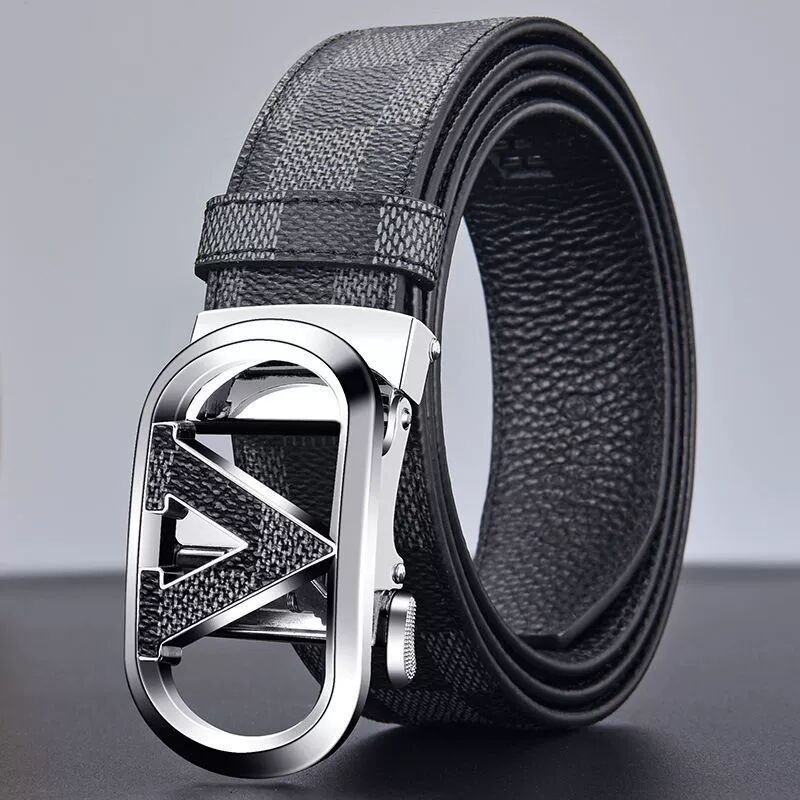 Men's genuine leather belt Checkered Business automatic buckle belt, cowhide belt, simple fashion waistband