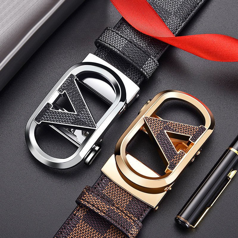 Men's genuine leather belt Checkered Business automatic buckle belt, cowhide belt, simple fashion waistband