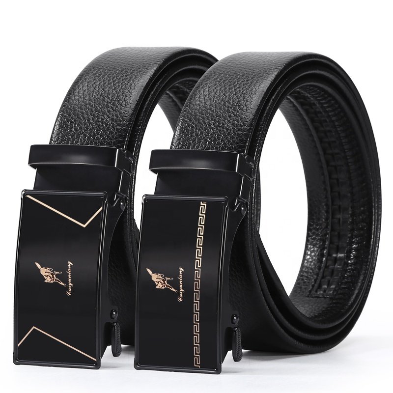 Wholesale Embossed Logo Adjustable Casual Automatic Buckle Belt Fashion Lxurury Business Men Black Pu Belts