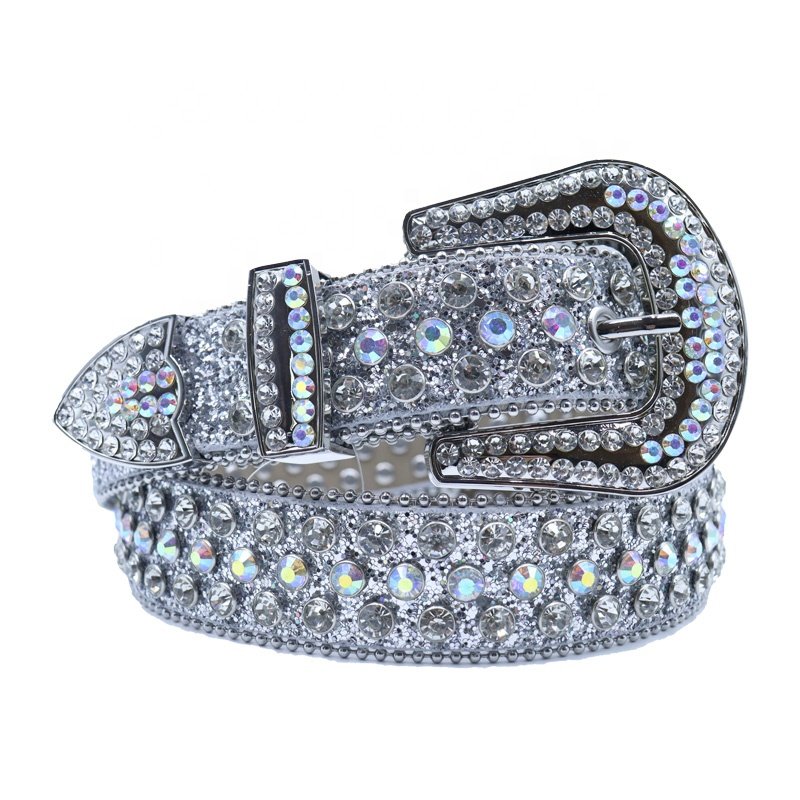 Custom Western Cowboy Belts Men Women Crystal Custom Designer PU Leather Ice Rhinestone Unisex Silver Alloy Buckle Simon