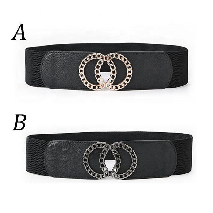 Women's Vintage Double Ring Crescent Buckle PU Leather Elastic Belt Wide Girdle for Ladies Dress
