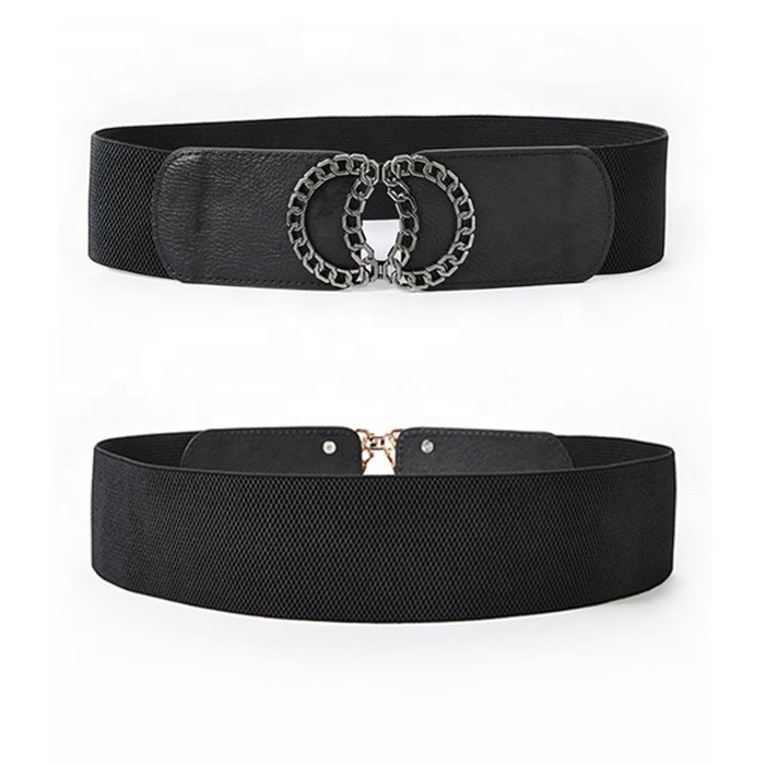 Women's Vintage Double Ring Crescent Buckle PU Leather Elastic Belt Wide Girdle for Ladies Dress
