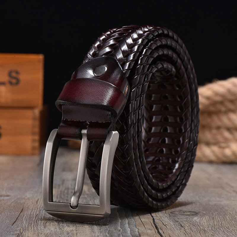 Vintage Versatile Woven Cowhide Belt Genuine Leather Belt Pin Buckle Pure Cowhide Belt For Men