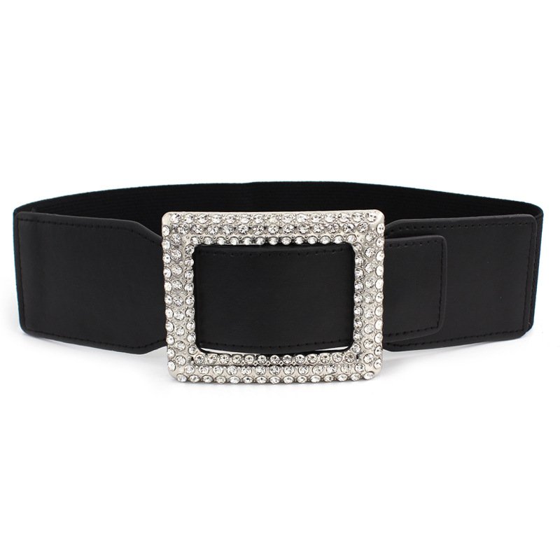 Trade Assurance black fashion 7 cm wide Pin Buckle PU Leather Ladies Waist Belt with rhinestone