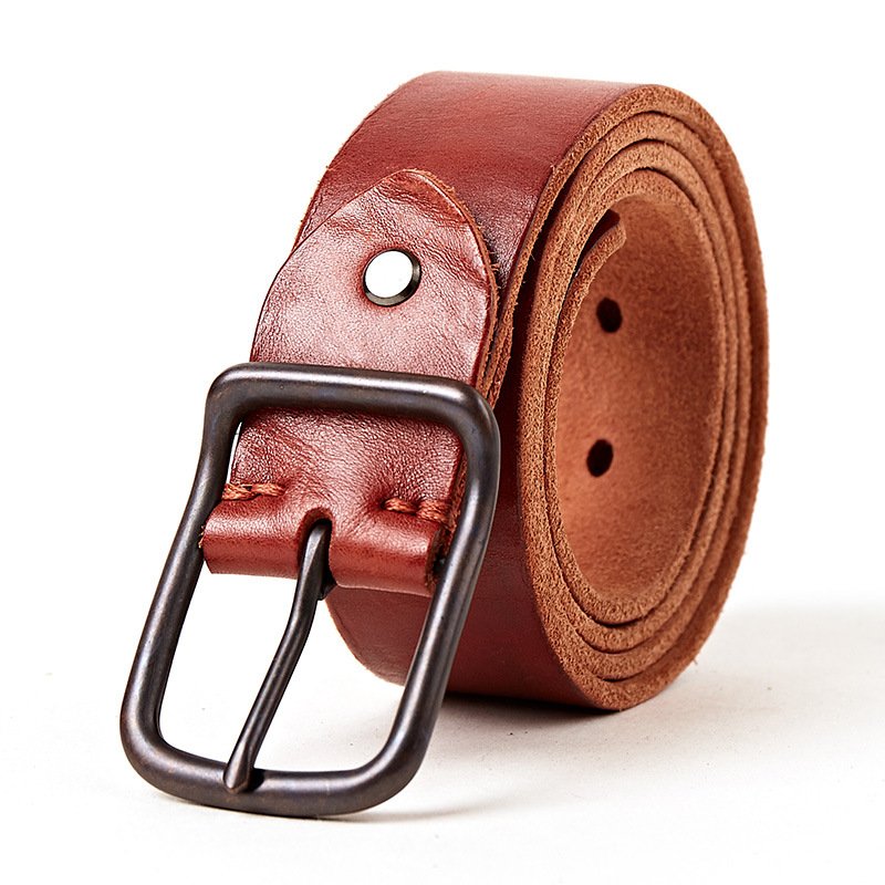 2023 new leather men's vintage style vintage style versatile glossy first layer cowhide vegetable tanned leather pin buckle belt