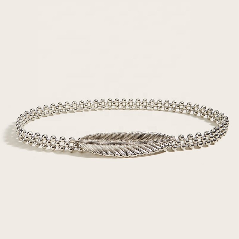 Fascinating Leaf Clasp Buckle Golden Silver Feather Beaded Waist Chain Women Metal Dress Belt