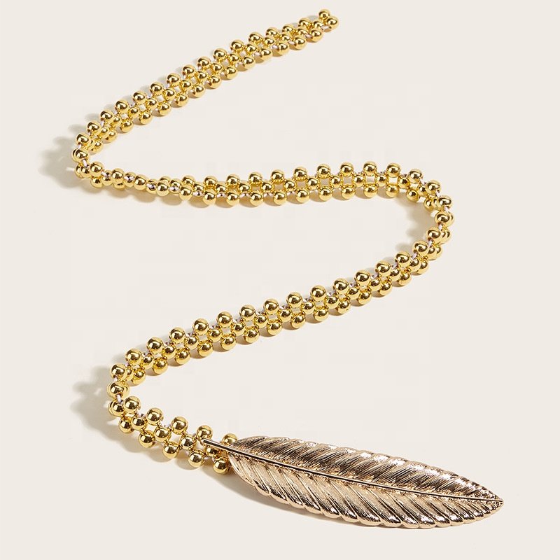 Fascinating Leaf Clasp Buckle Golden Silver Feather Beaded Waist Chain Women Metal Dress Belt