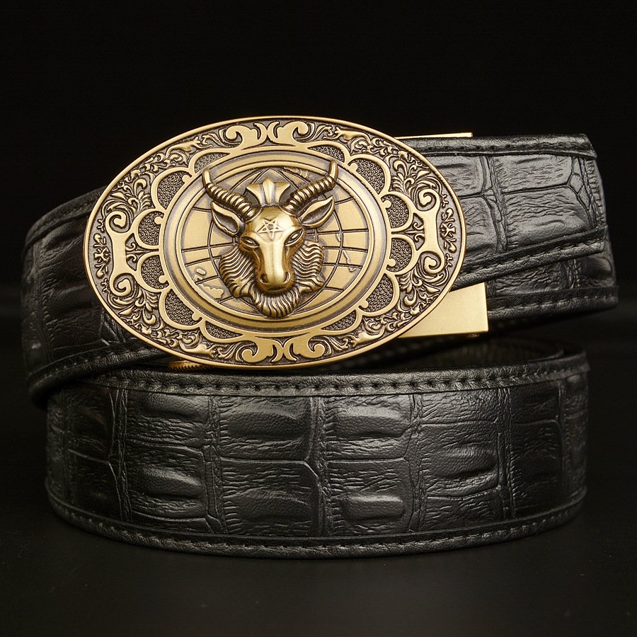 Men's genuine leather belt Vintage automatic buckle belt, cowhide belt, simple fashion waistband cowboy belt