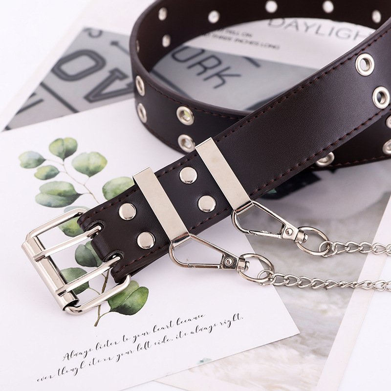 Personalized Punk Style Double Row Hole Adjustable Pin Buckle Pu Belt Jeans Chain Wide Belt