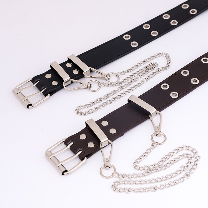 Personalized Punk Style Double Row Hole Adjustable Pin Buckle Pu Belt Jeans Chain Wide Belt
