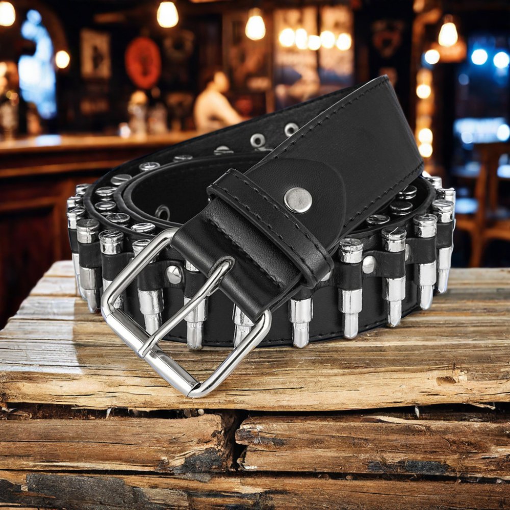 Western Gothic Men's PU Leather Belt Retro Style Dark Metal Punk Hip Hop Unique Secondary Bullet Buckle Waist Use
