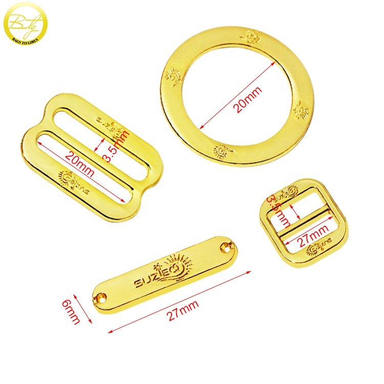 Custom engraved logo clasp ring sliders gold plated swimbeach hardware buckle sets metal bikini accessory