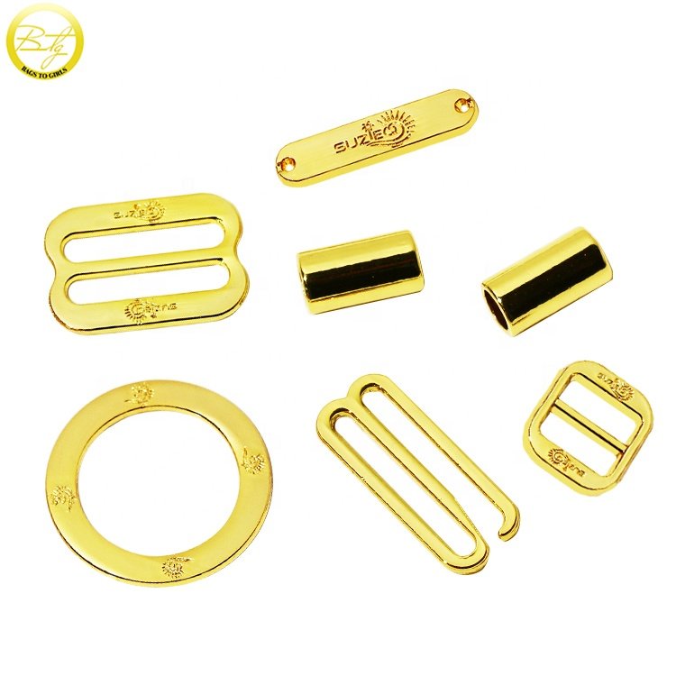 Custom engraved logo clasp ring sliders gold plated swimbeach hardware buckle sets metal bikini accessory