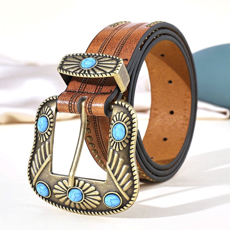 Designer Custom high quality Fashion PU Leather Vintage Carved Belt Studded Turquoise Retro Pin Buckle Belt