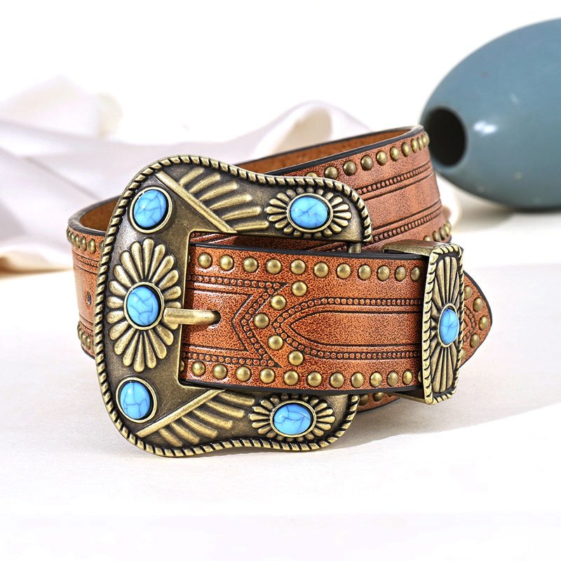 Designer Custom high quality Fashion PU Leather Vintage Carved Belt Studded Turquoise Retro Pin Buckle Belt