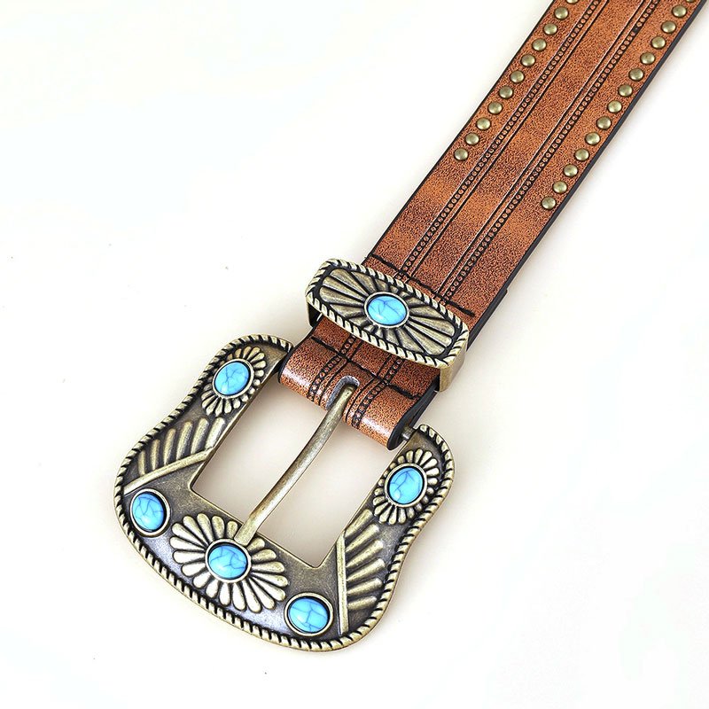 Designer Custom high quality Fashion PU Leather Vintage Carved Belt Studded Turquoise Retro Pin Buckle Belt
