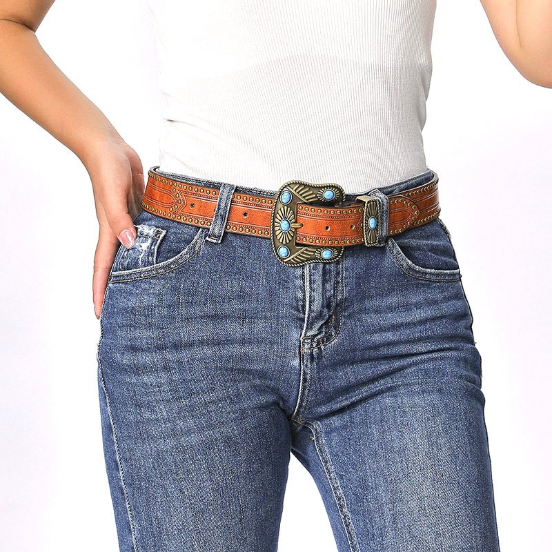 Designer Custom high quality Fashion PU Leather Vintage Carved Belt Studded Turquoise Retro Pin Buckle Belt