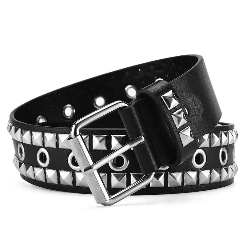 Factory Sale Two Lines Pyramid Rivet Belts PU Leather Pin Buckle Belt For Jeans