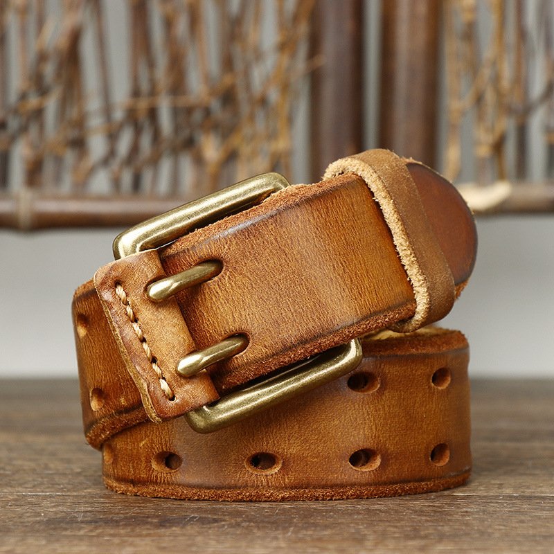 Retro trend personality double needle buckle belt leather washed plant tanned head layer cowhide men's new young belt