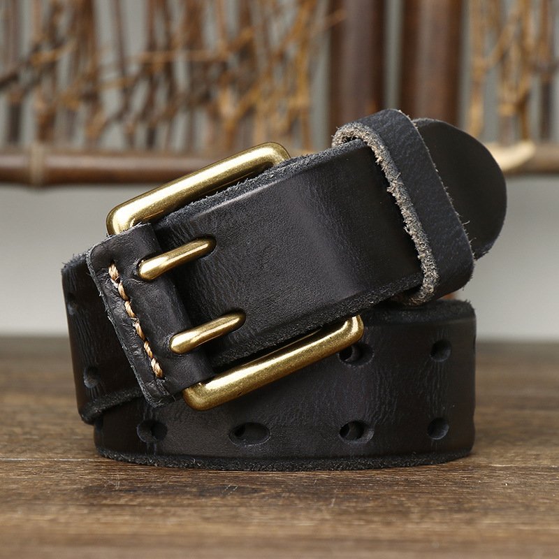 Retro trend personality double needle buckle belt leather washed plant tanned head layer cowhide men's new young belt