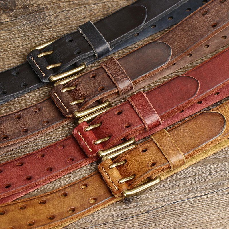 Retro trend personality double needle buckle belt leather washed plant tanned head layer cowhide men's new young belt