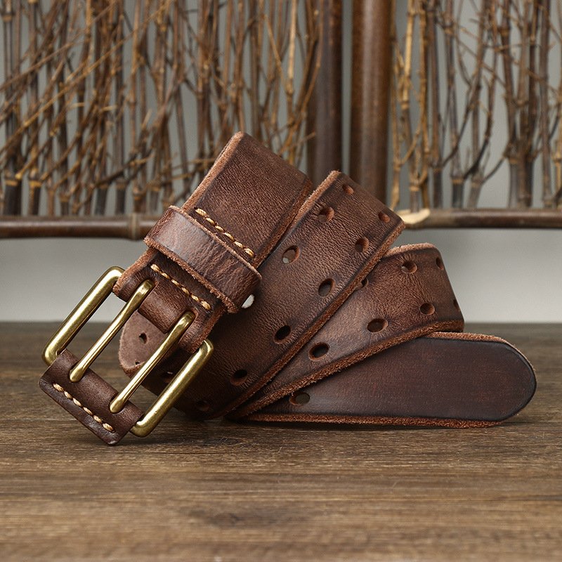 Retro trend personality double needle buckle belt leather washed plant tanned head layer cowhide men's new young belt
