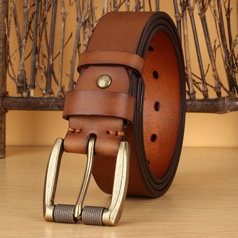 Thickened American Retro Handmade Men'S Belt Top Layer Pure Cowhide Copper Buckle Jeans Genuine Leather Belt
