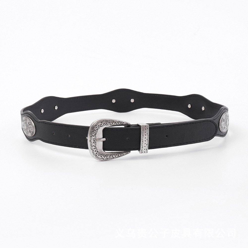 Y2K Ladies Belt New Western Retro Punk Design Wavy Curved Buckle American Vintage INS Suit PU Leather Western Retro Punk
