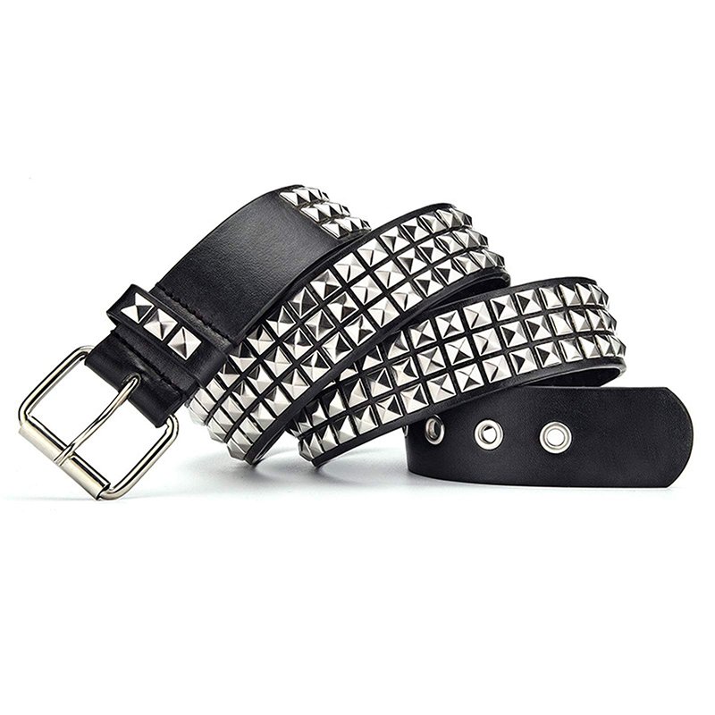 Studded Belt Men Women Punk Pyramid Square Buckle Chain Belt Bonded Leather Rivet Black Leather Belt