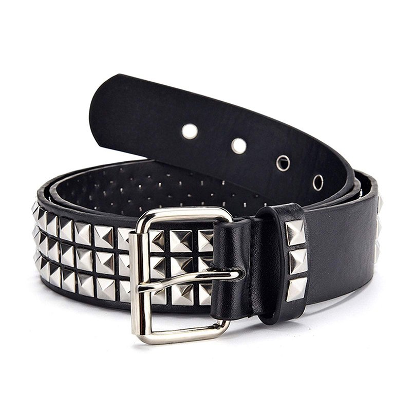 Studded Belt Men Women Punk Pyramid Square Buckle Chain Belt Bonded Leather Rivet Black Leather Belt
