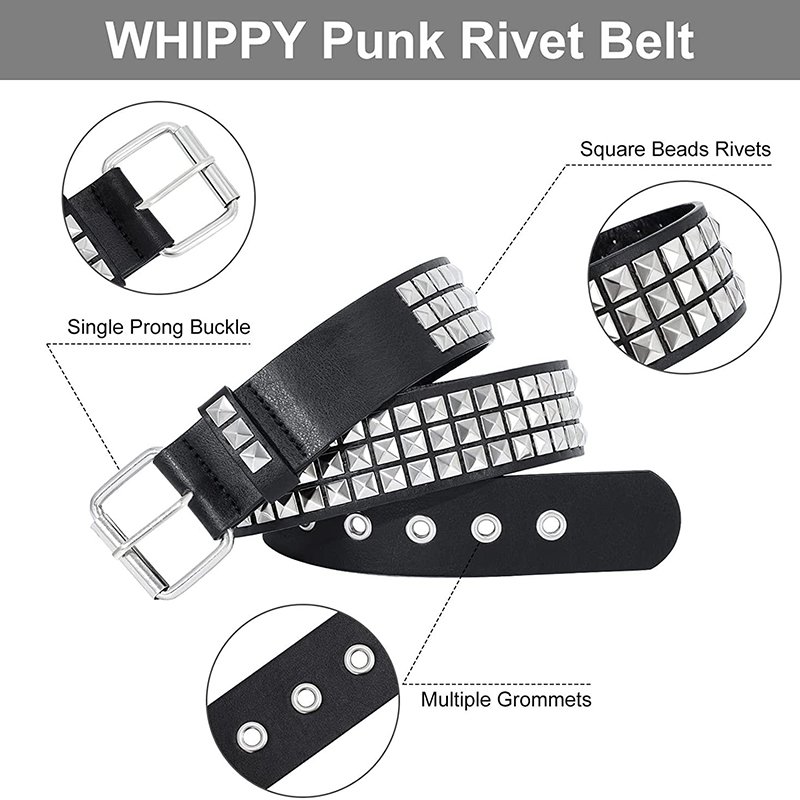 Studded Belt Men Women Punk Pyramid Square Buckle Chain Belt Bonded Leather Rivet Black Leather Belt