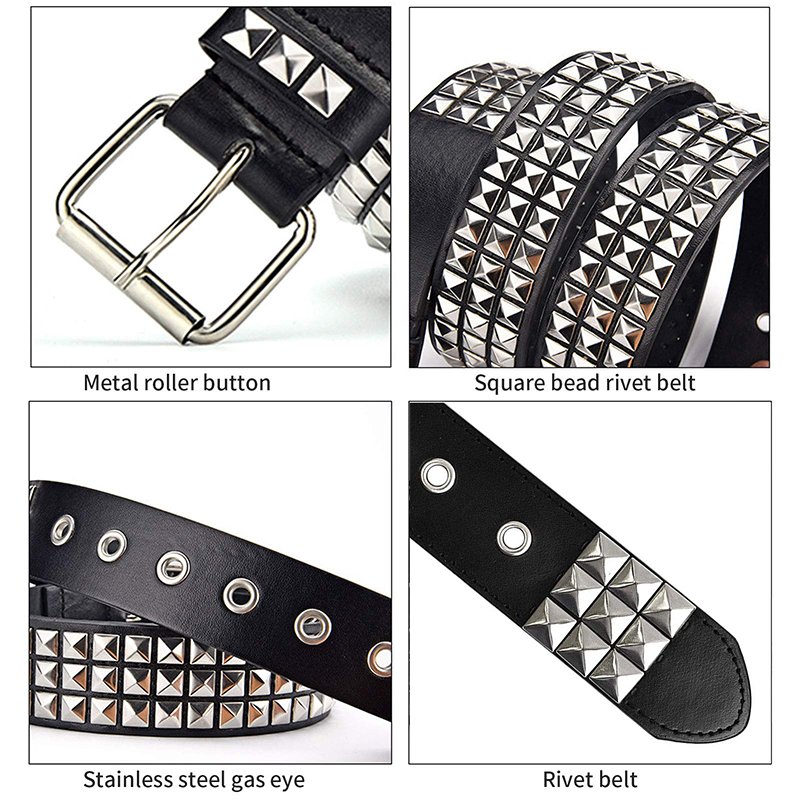 Studded Belt Men Women Punk Pyramid Square Buckle Chain Belt Bonded Leather Rivet Black Leather Belt