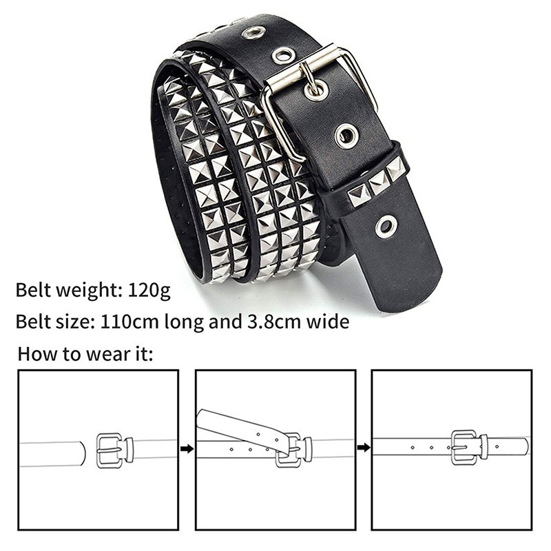 Studded Belt Men Women Punk Pyramid Square Buckle Chain Belt Bonded Leather Rivet Black Leather Belt