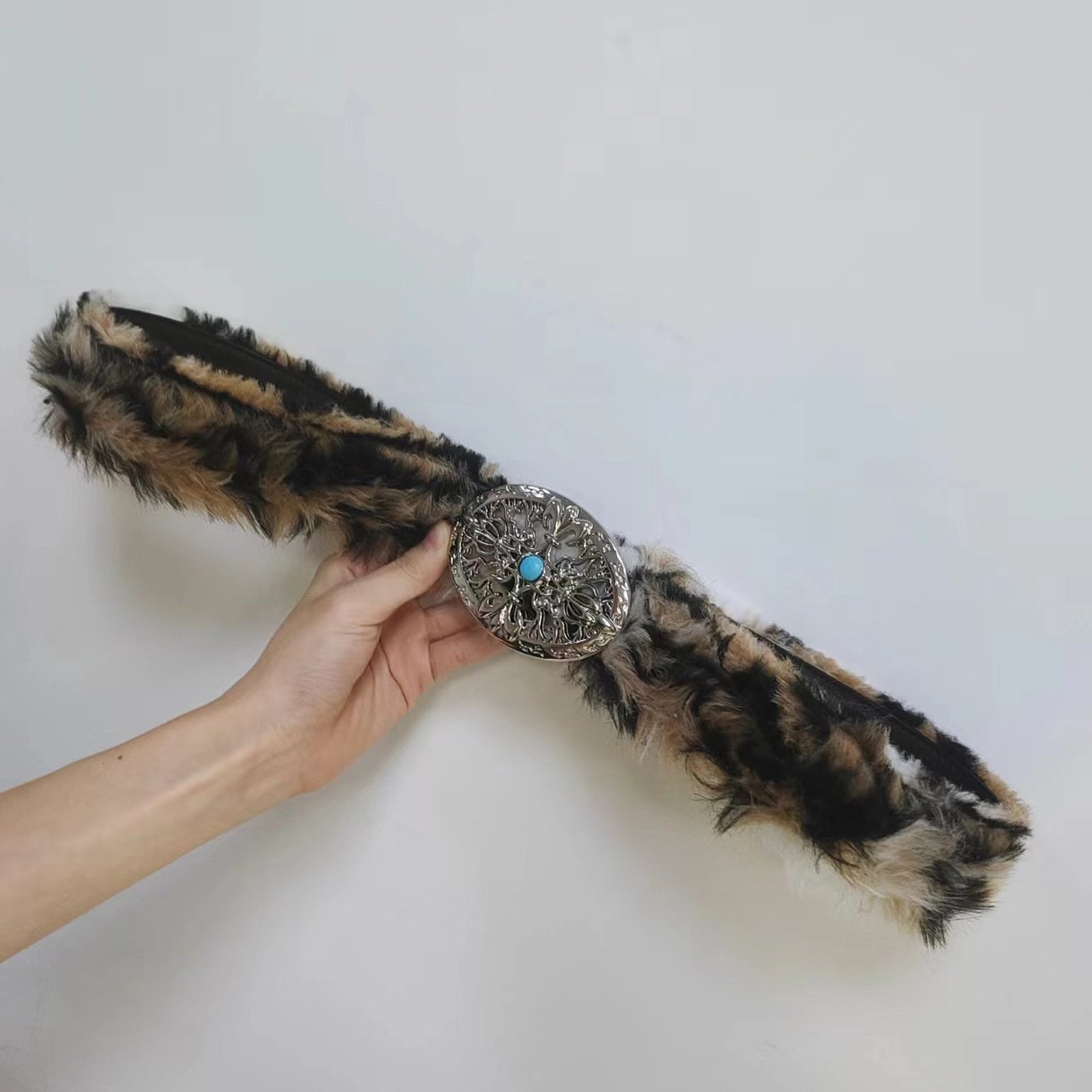 Luxury Fashion Ladies Faux Leopard Long Fur PU Leather Dress Belt for Women with Western Buckle