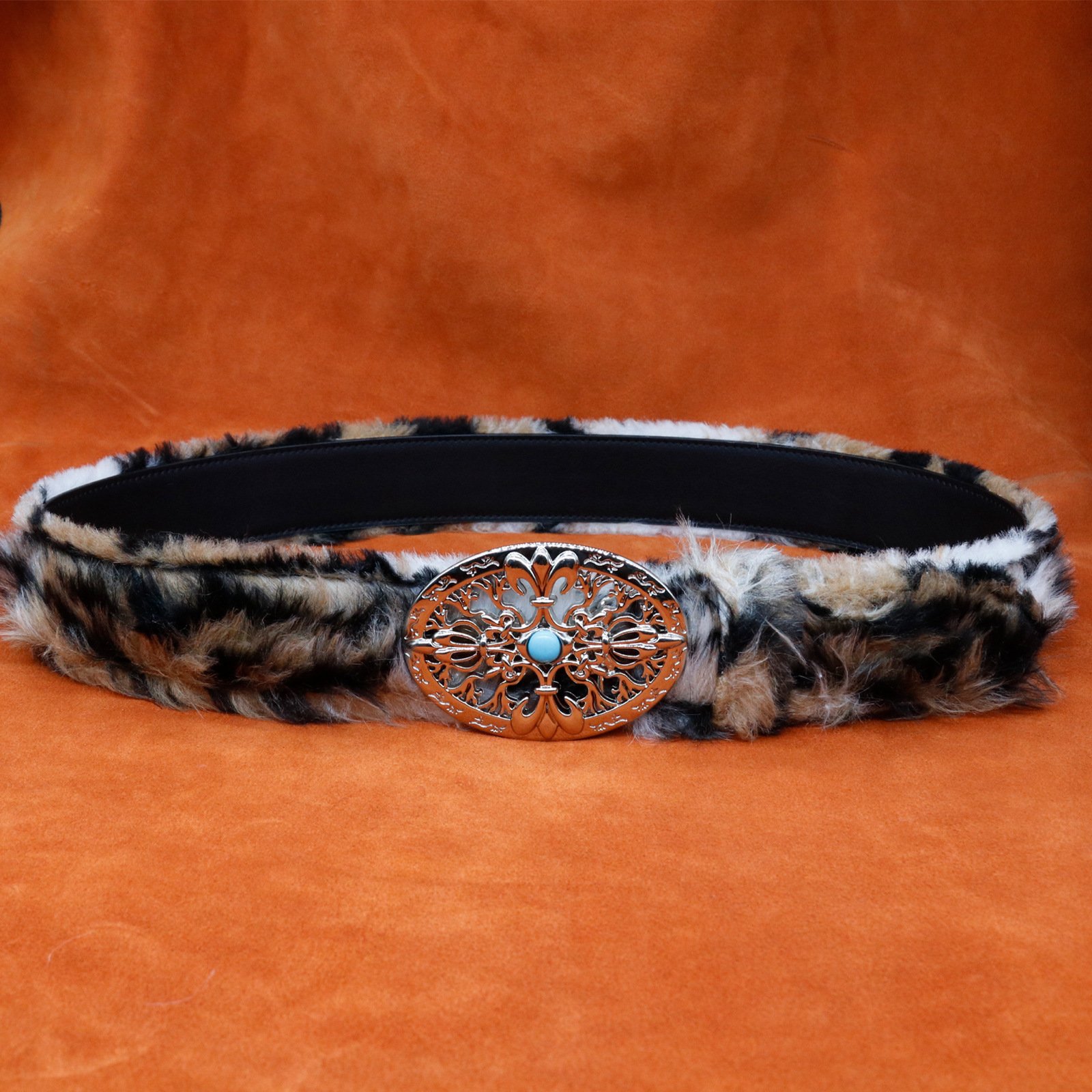 Luxury Fashion Ladies Faux Leopard Long Fur PU Leather Dress Belt for Women with Western Buckle