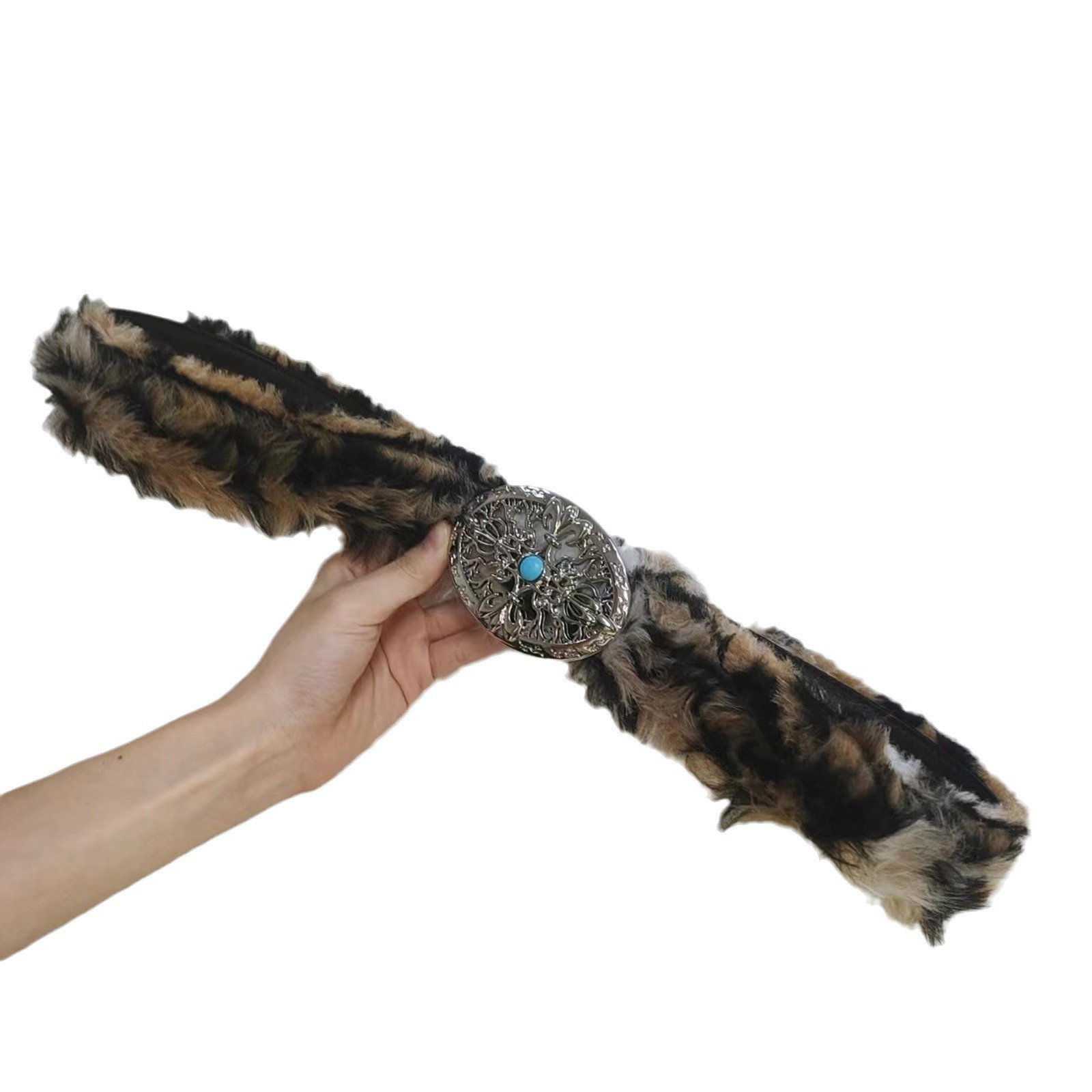 Luxury Fashion Ladies Faux Leopard Long Fur PU Leather Dress Belt for Women with Western Buckle