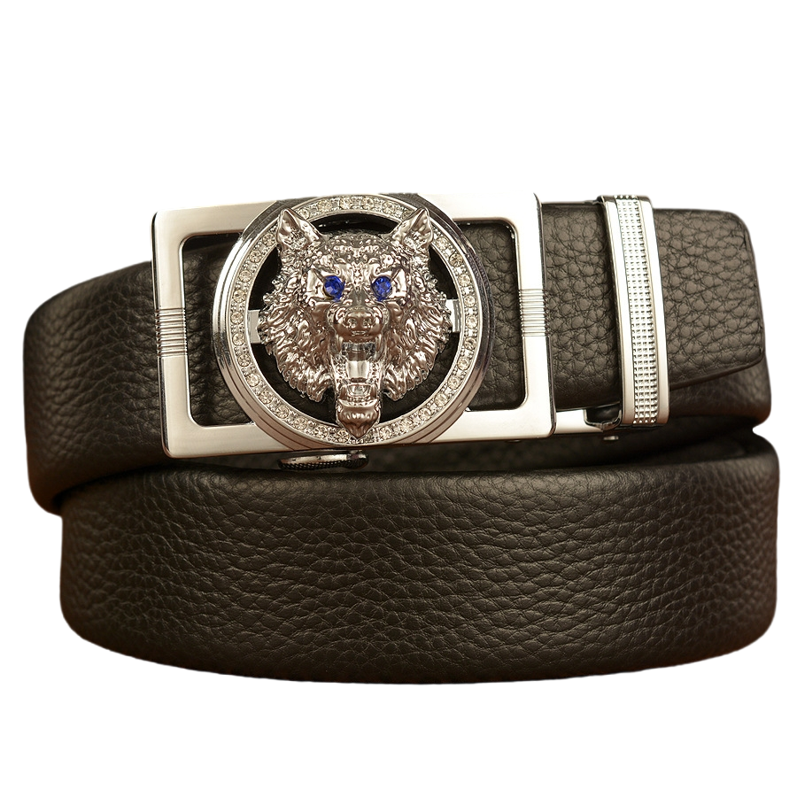 Men's cowhide leather belt wolf pattern automatic buckle belt, cowhide belt, simple fashion waistband